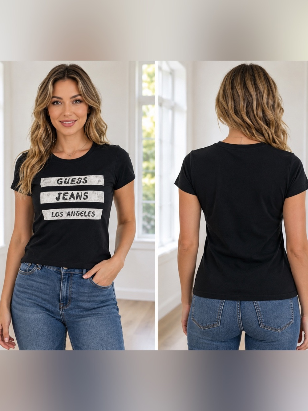 Vintage GUESS Jeans Los Angeles Black Graphic Logo Tee Shirt Women’s Size M GUC